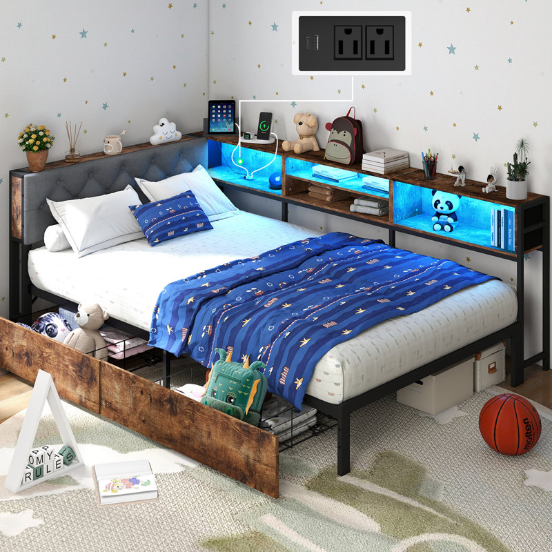 Corner Bed Frame with 2 Drawers and Storage Bookcase, Daybed with Charging Station and LED Lights, Twin