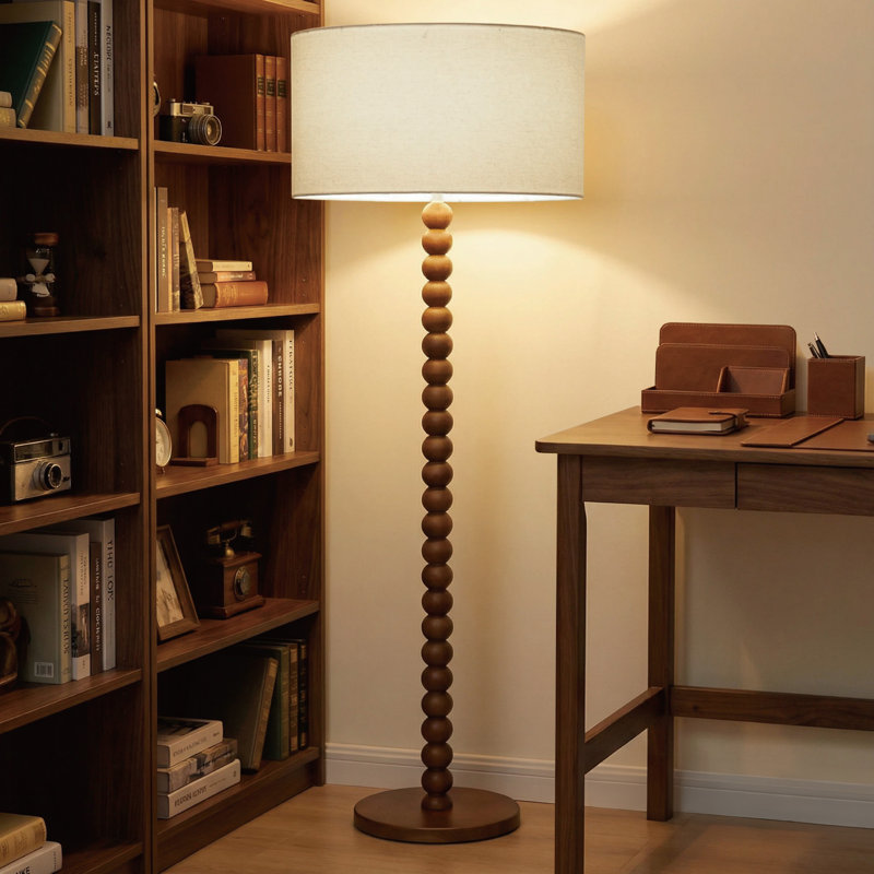 Lampe sur pied 61 po en bois perlé rétro avec abat-jour en lin surdimensionné, lampe sur pied au fini noyer pour salon, chambre à coucher, coin lecture et bureau, homologuée UL, compatible avec les ampoules E26