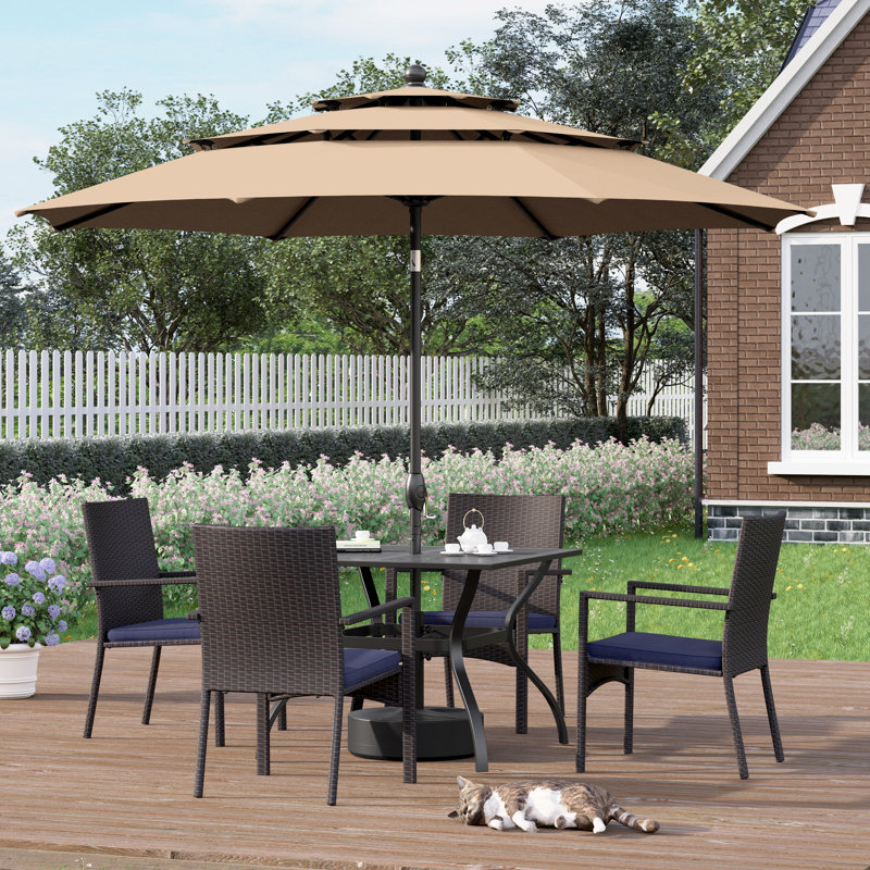 6 Pcs Patio Dining Set 4 Rattan Armchairs And Square Table With Umbrella, Beige