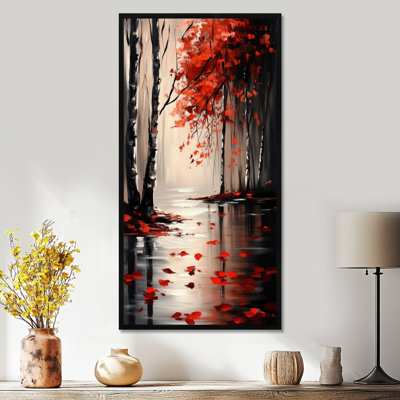 «Red Black Tranquil Autumn Lake Reflections II - Red Serene Large», impression sur toile encadrée chaleureuse