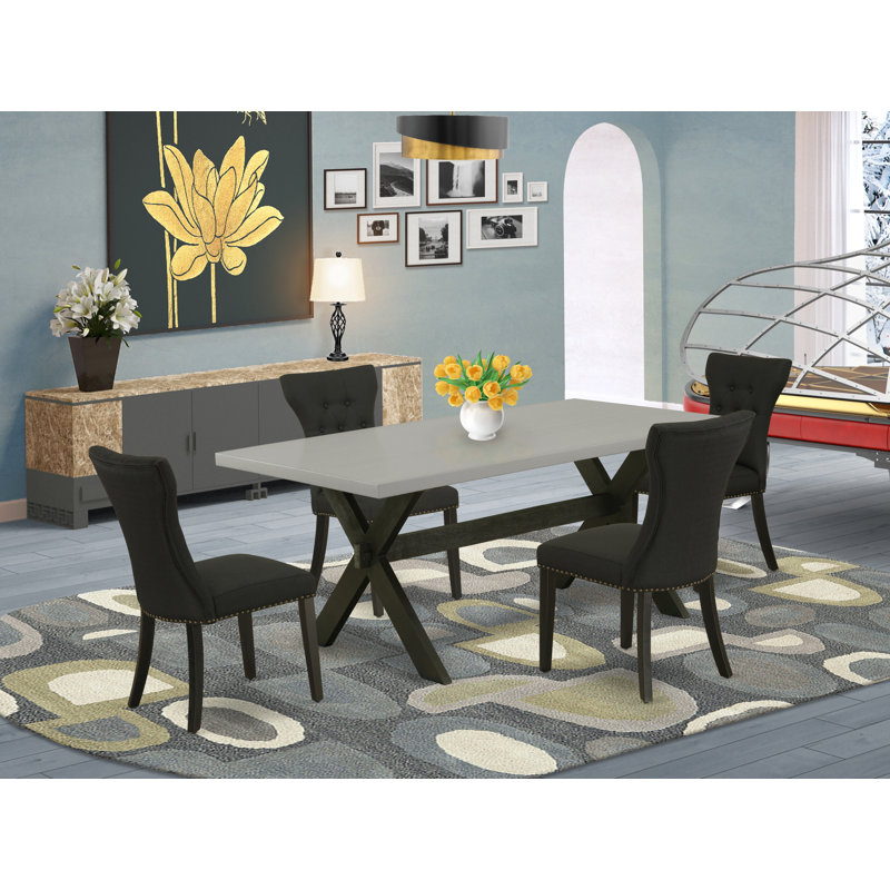 5 Piece Dining Room Furniture Set Includes a Rectangle Dining Table with X-Legs and 4 Black Linen Fabric Upholstered Chairs, Wire brushed Black