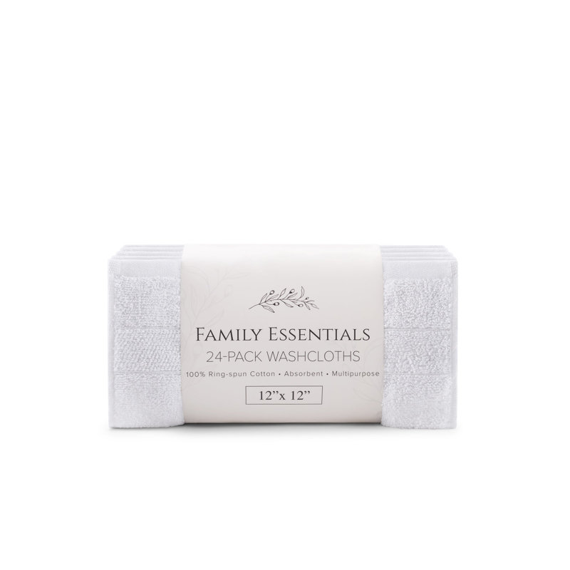 Family Essentials Washcloths (Pack of 24), 12x12, Cotton, White