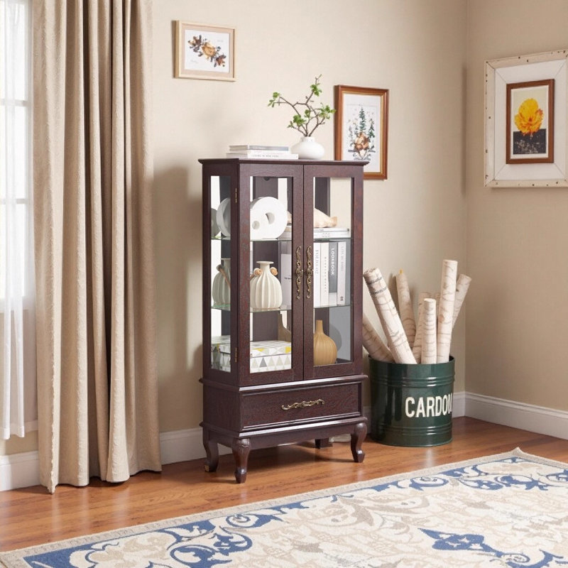 Elegant And Sophisticated Curio Cabinet With Adjustable Glass Shelves, Illuminated Display, And Ample Storage Space, Brown
