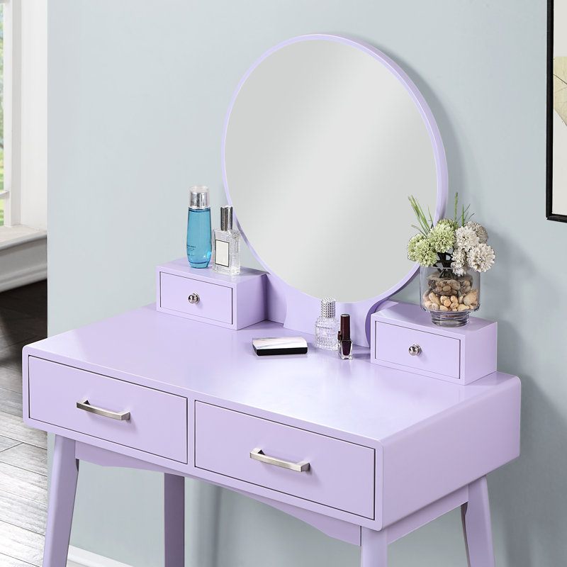 Coiffeuse et tabouret contemporains en bois violet - Style moderne avec miroir, bois d'hévéa massif, largeur de la table : 76,8 cm, structure en bois d'hévéa pour une stabilité optimale