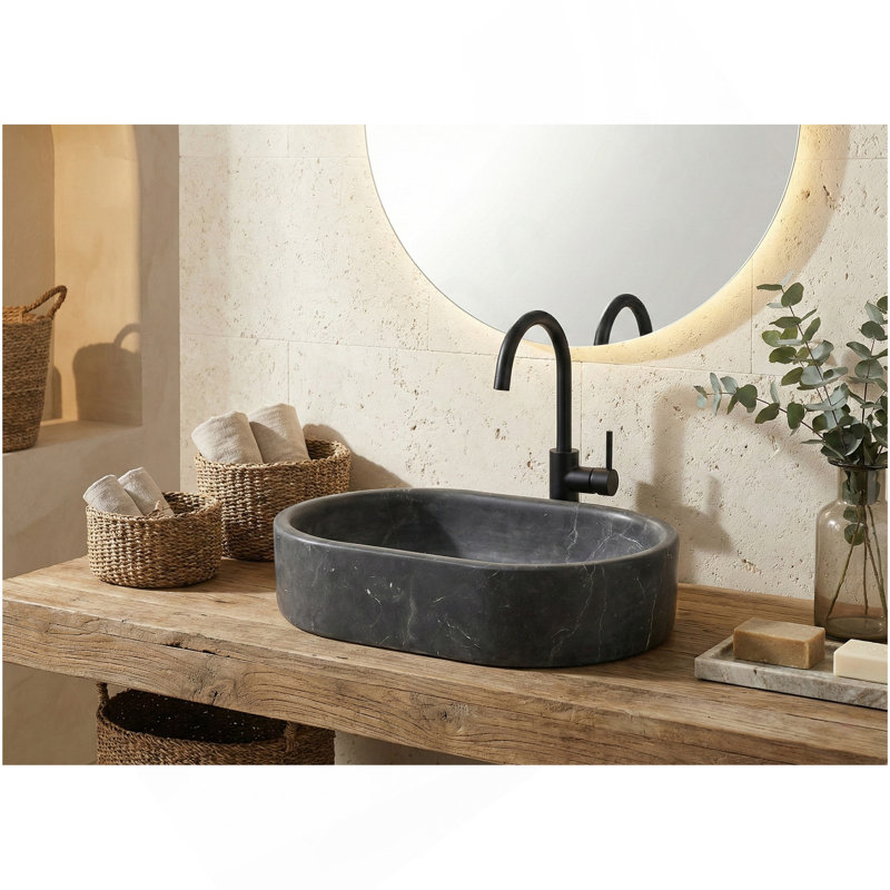 Lavabo vasque de luxe en marbre naturel gris foncé, lavabo ovale en pierre mate de 23,6 po, une seule pièce sculptée, meuble-lavabo au-dessus du comptoir, bol pour salle de bain principale (60 cm x 40 cm)