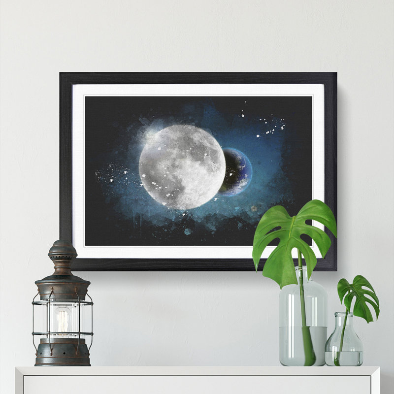 Earth Behind The Moon Paint Splash - Picture Frame Graphic Art, 45cm H x 63cm W x 2cm D, Black Framed