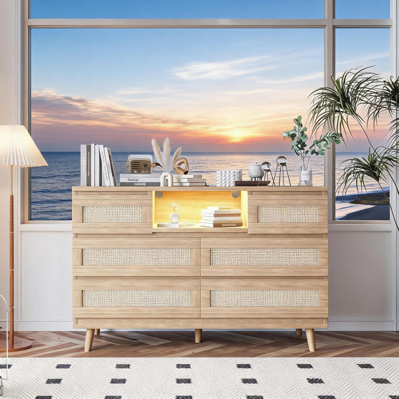 Commode 6 tiroirs en rotin naturel avec lumières à DEL RVB et station de charge, Beige
