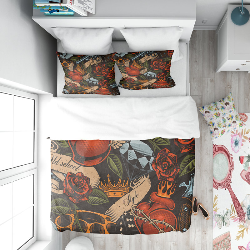 Ensemble de housse de couette designart old school tatouage, Housse de couette très grand + 2 taies décoratives