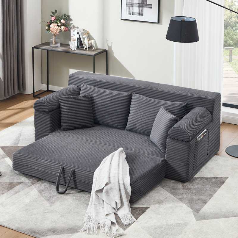 Brigitte 78.1" Convertible Corduroy Sofa Bed, Upholstered Pull-Out Couch with Sleeper, Slate Gray