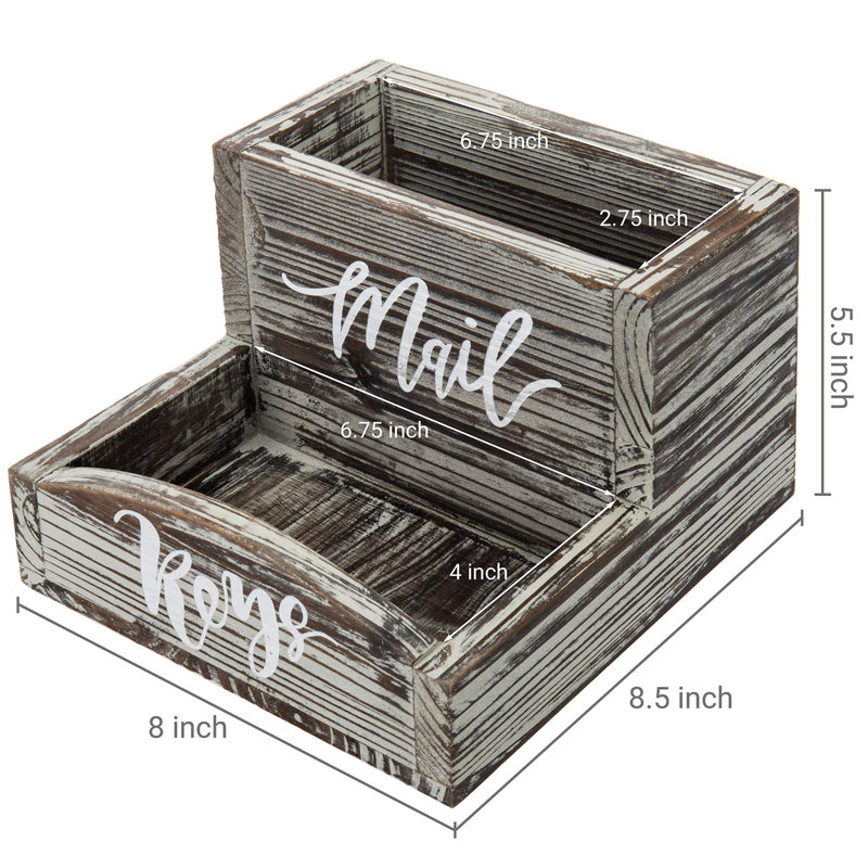 Rustic Torched Wood Mail Holder And Key Organizer Entryway Storage Tray With Cursive Mail And Keys Word Design
