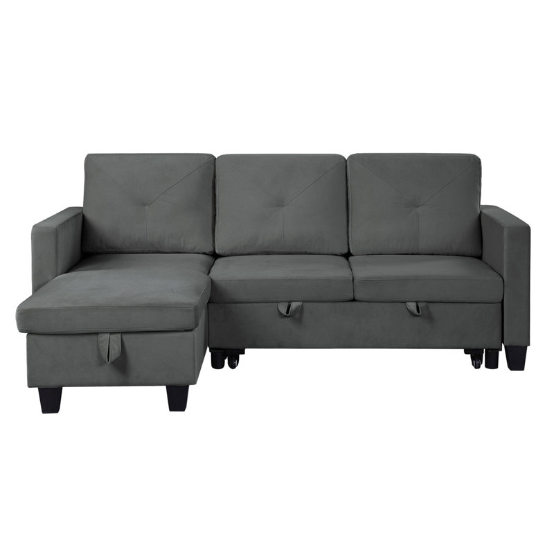 Nova 82.5"   Velvet Reversible Sleeper Sectional Sofa With Storage Chaise, Dark Gray Velvet