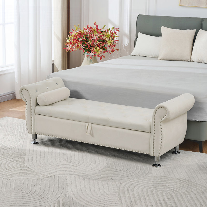 Banc de rangement rembourré avec 1 coussin, Blanc