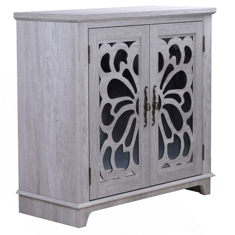 Buffet élégant avec 2 portes en miroir en acrylique, Gris clair, H 34,11 po x l 34,42 po x P 15,6 po