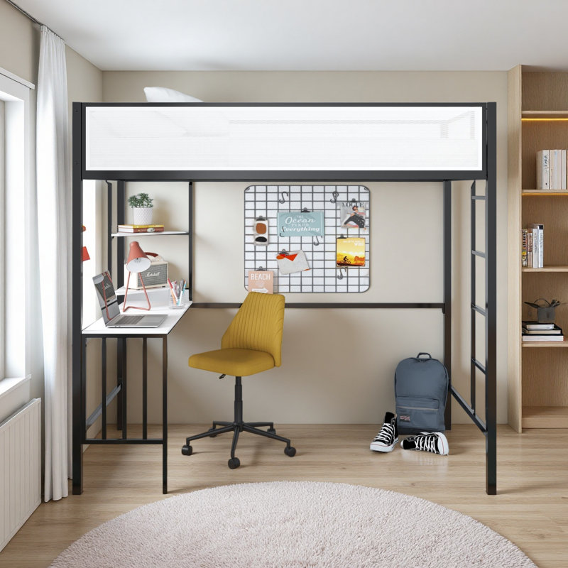 Lit mezzanine avec bureau et tablettes, Lit simple