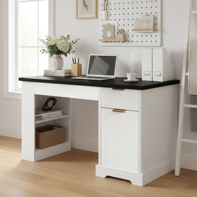 55" Modern Fluted Office Desk with Power Outlet, Storage Cabinet, Pegboard & Built-in Shelves, Home Office Desk with Keyboard Tray and Drawer for Study or Living Room