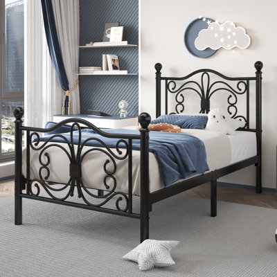 Twin Metal Bed Frame with Butterfly Design Headboard and Footboard, Sturdy Metal Slats Support, Adequate Under-Bed Storage, No Box Spring Needed, Easy Assembly, Black