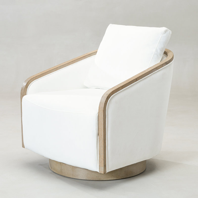 30" Wide Polyester Upholstered Swivel Barrel Chair With Wood Base, Pearl White