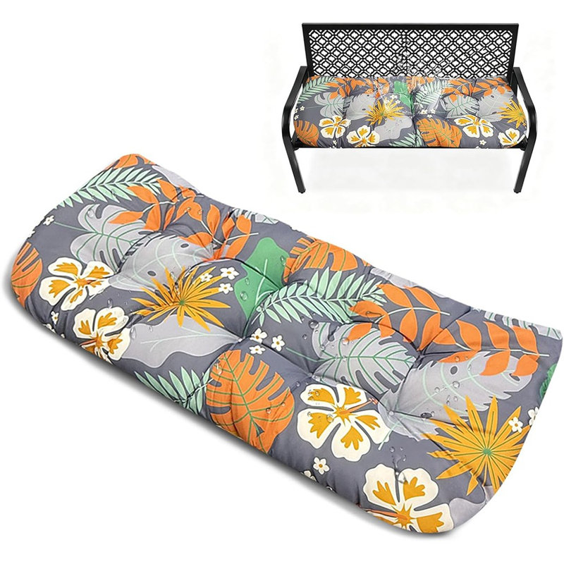 Patio Bench Tufted Cushion With Ties, Outdoor Loveseat Cushion For Porch Swing Or Wicker Bench, Orange Flower