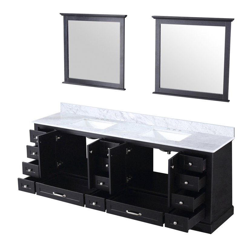 Meuble-lavabo double l 84 po x P 22 po, comptoir en marbre de Carrare et miroirs 34 po, Espresso