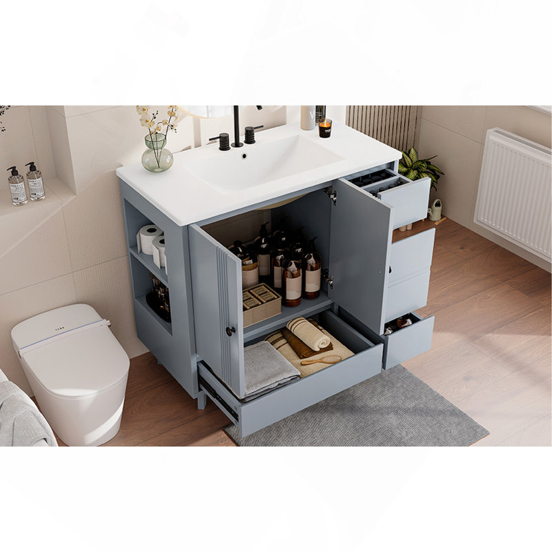 Ensemble de meuble-lavabo autoportant 36 po avec 4 tiroirs et support de rangement latéral 36 po, armoire en bois avec lavabo en céramique pour salle de bain, gris