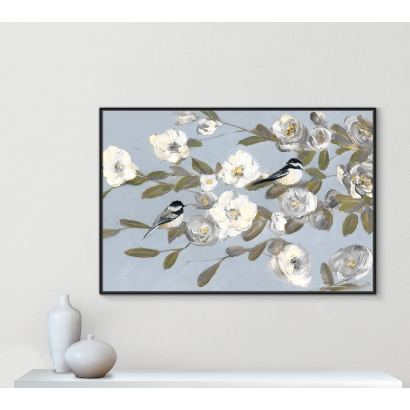 Chickadees And Blossoms I - Toile à cadre flottant, Cadre noir, H 41,5 po x l 61,5 po x P 2 po