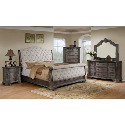 Iszak Antique Gray Upholstered Sleigh Bedroom Set Special 4 Bed Dresser Mirror Nightstand -  Canora Grey, 64581F5BA6444EF39A72D7AA0B4047F6