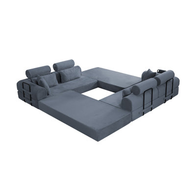 Dark Gray Corduroy L-Shaped Sectional Sofa with Sleeper Function, Modern Modular Compressed Couch for Small Spaces