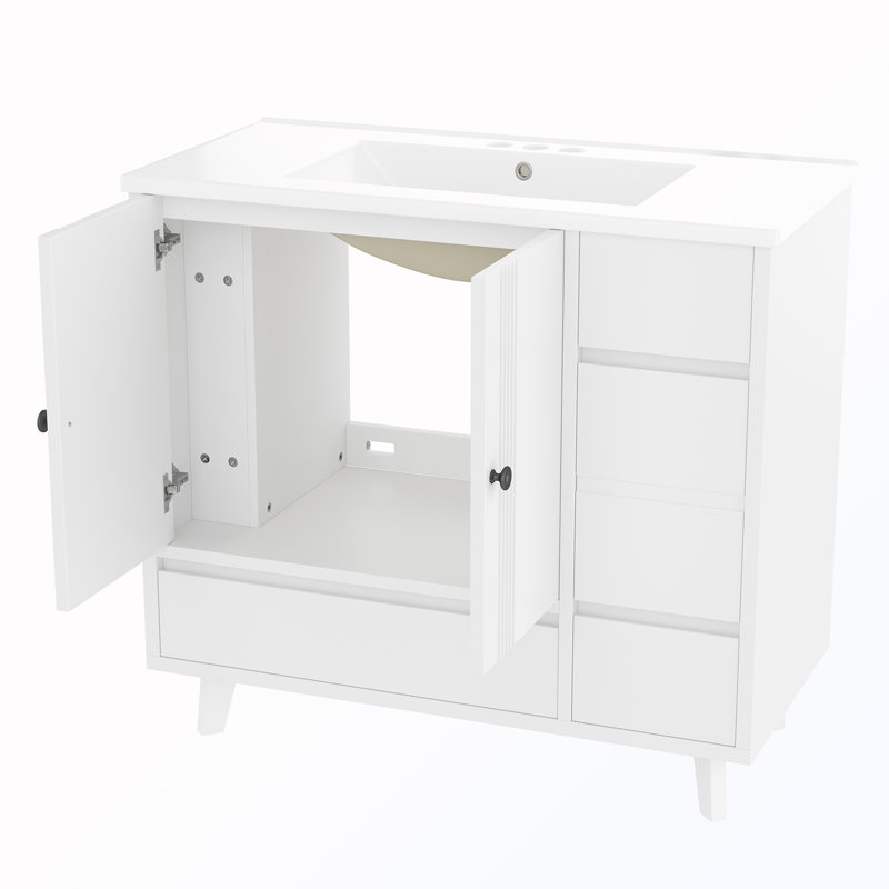 Meuble-lavabo autoportant avec lavabo, tiroirs et support latéral, Blanc clair
