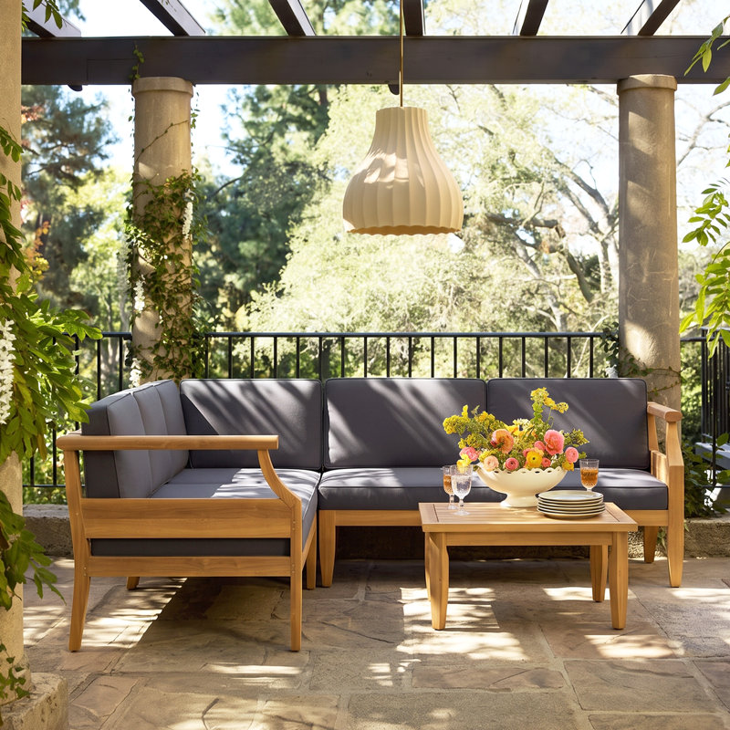 Ensemble de conversation modulaire en bois d'acacia 5 places avec coussins Trishul, Gris foncé