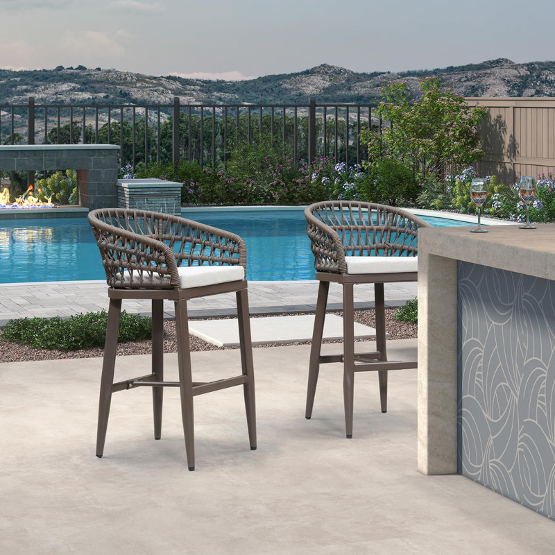  Outdoor Wicker 29" Bar Stools Set Of 2, Boho Patio Bar Height Chair With Cushion, White/Coffee