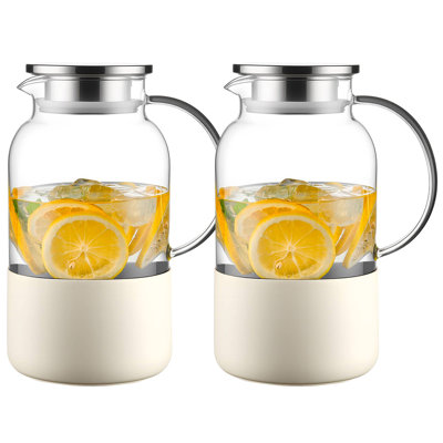 Two packs,Water Pitcher with Silicone Base 61oz/ 1.8L, Hot& Cold Glass Pitcher with Lid and Handle, Glass Carafe with Lid for Coffee, Juice, Lemonade and Milk