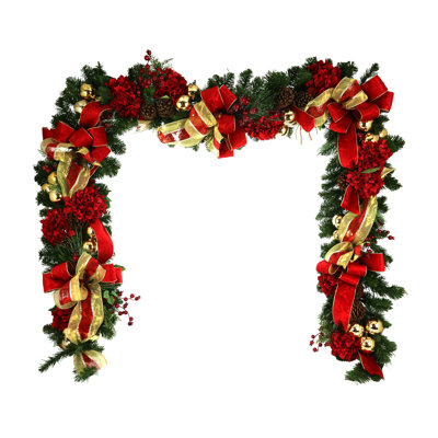 9' Holiday Garland With Hydrangeas, Ornaments And Bows