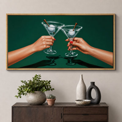 Golf Martini Cheers Green Background Artwork, Bar Room Pictures, Framed Canvas Giclee Print 3 Pieces Wall Art
