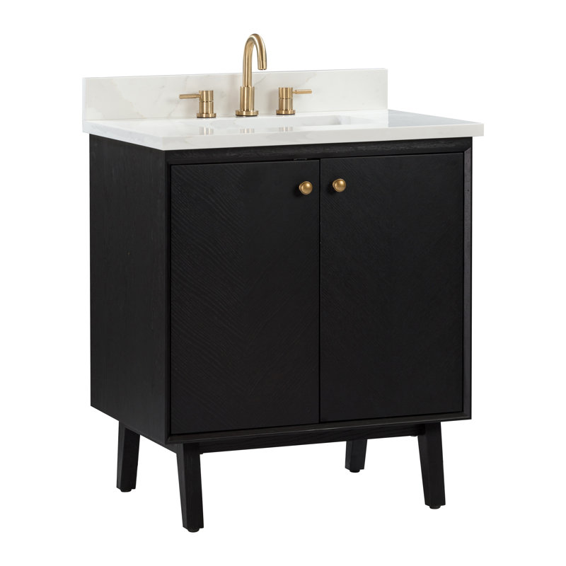 Meuble-lavabo sur pied simple 30 po avec plateau en quartz Adele, Noir, Or, 31