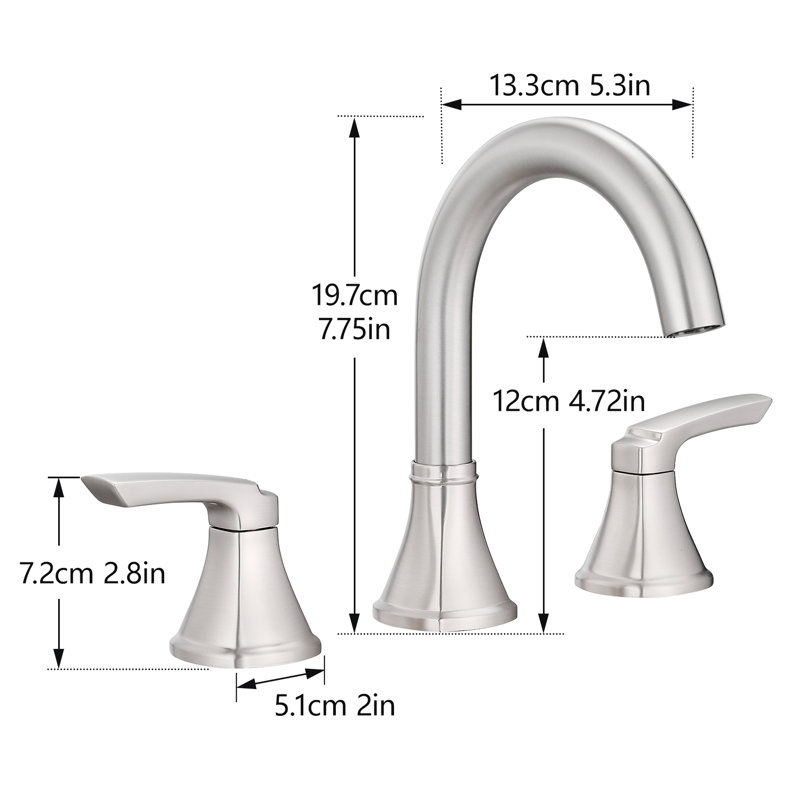 Robinet de salle de bain à trois trous en nickel brossé, à entraxe large, avec poignées à double levier, bec pivotant à 360°, réglage précis de la température et du débit d'eau, réglage de 20 cm (8 pouces), bec