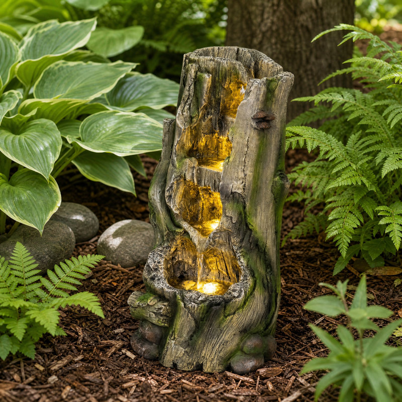 Fontaine de jardin en fausse souche d'arbre avec lumières DEL, fontaine extérieure en résine H 23,62 "