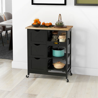 Rolling Kitchen Island Cart, Bar Serving Cart, Compact Trolley On Wheels With Wood Top, Shelves & Drawers For Home Dining Area