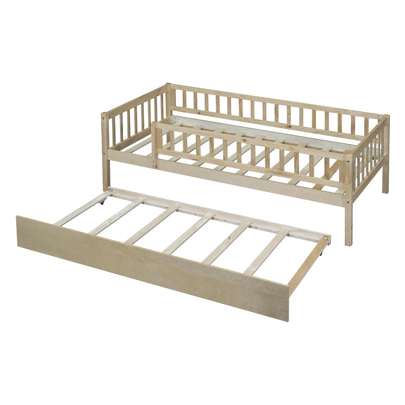 Lit de jour simple en bois avec couchette et garde-corps, naturel, Naturel