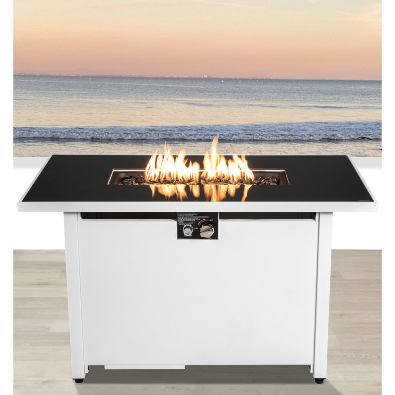 Table de foyer d'extérieur en acier inoxydable, 50000, temps, blanc avec allumage et table de foyer en acier avec réservoir, sortie, résistant à la chaleur, rouille, porte
