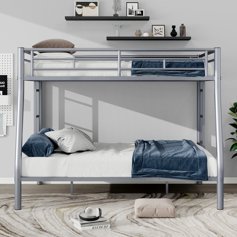 Mattek Twin XL Over Queen Metal Bunk Bed With Ladder And Guardrails, Silver, Full XL