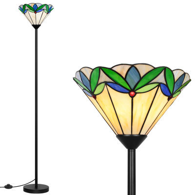 Lampe sur pied avec abat-jour en vitrail en forme de feuille d'arbre, lampe sur pied Torchiere, lampe de poteau d'angle haut avec interrupteur au pied, lampe de lecture debout de style Tiffany rétro pour la chambre du salon (base E26)