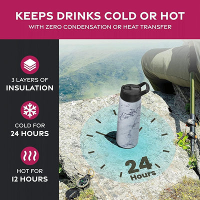 Triple-insulated 25oz Stainless Steel Water Bottle With Straw – Reusable Metal Water Bottle With 3 Lids For Travel, School, Sports & Gym, Men, Women & Kids (marble White)