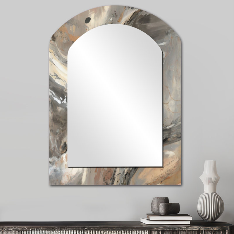 Morning Effervescence I - Abstract Arch Mirror, Grey Asymmetrical Decorative Wall Mirror, Printed Metal Art, 34" x 25"