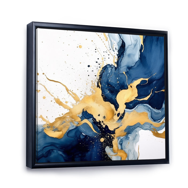 Art mural bleu foncé et or II - Fractals, H 24 po x l 24 po x P 1 po, Cadre flottant noir