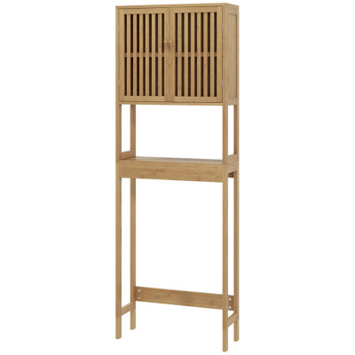 Bamboo Over The Toilet Storage Cabinet, Over Toilet Bathroom Organizer With Slatted Doors, Adjustable Shelf And Open Shelf, Natural