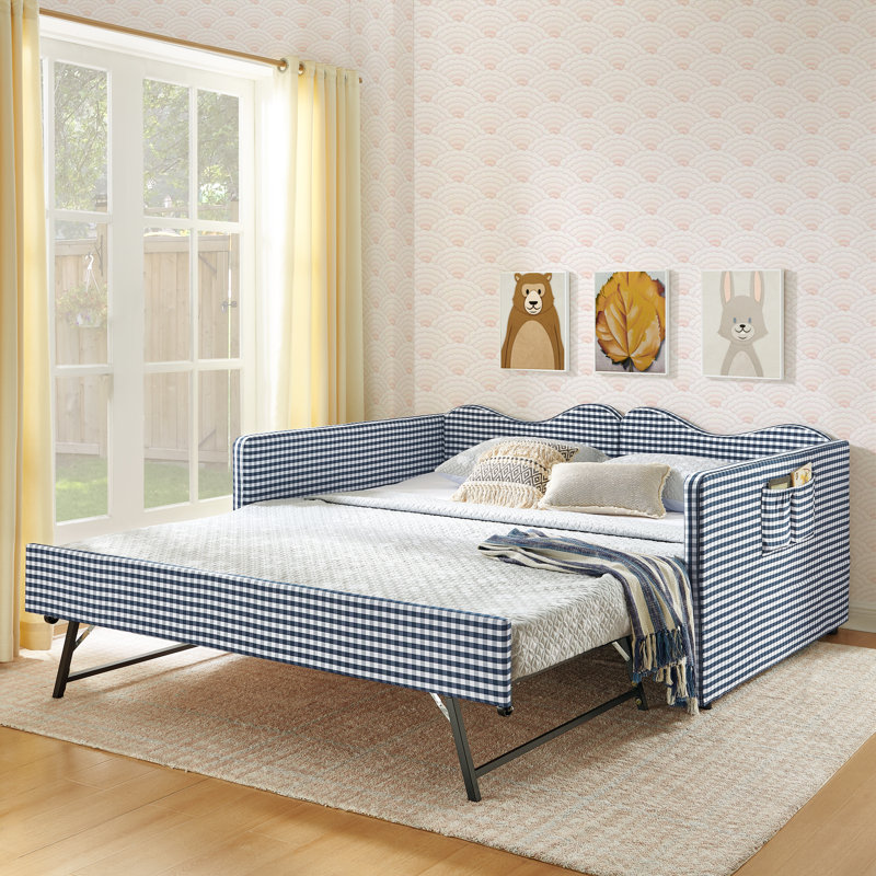 Lit de jour double, lit de jour rembourré en vichy équipé d'un cadre gigogne escamotable et d'une poche de rangement latérale, canapé-lit multifonctionnel en bois massif pour chambre d'enfant et chambre d'amis - bleu