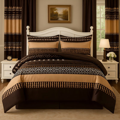 Ensemble de couvre-lit à motif bohème avec rideaux assortis, très grand, brun