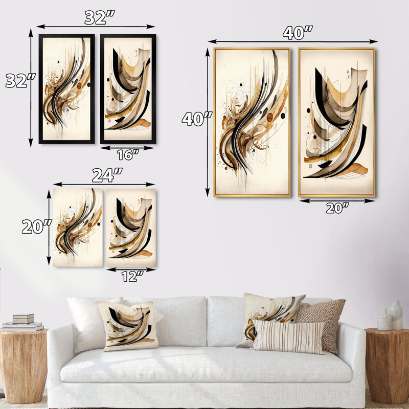 2 pièces sur toile - mouvement brun et noir, Cadre noir, H 20 po x l 24 po
