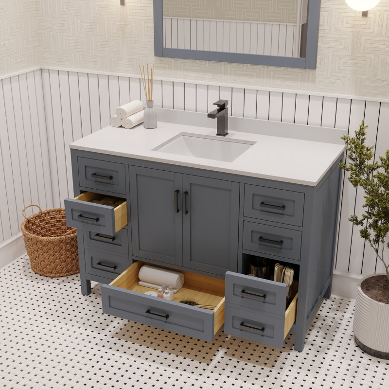 Ensemble de meuble-lavabo simple 48 po avec plateau en quartz blanc Rooh, Gris, Noir mat