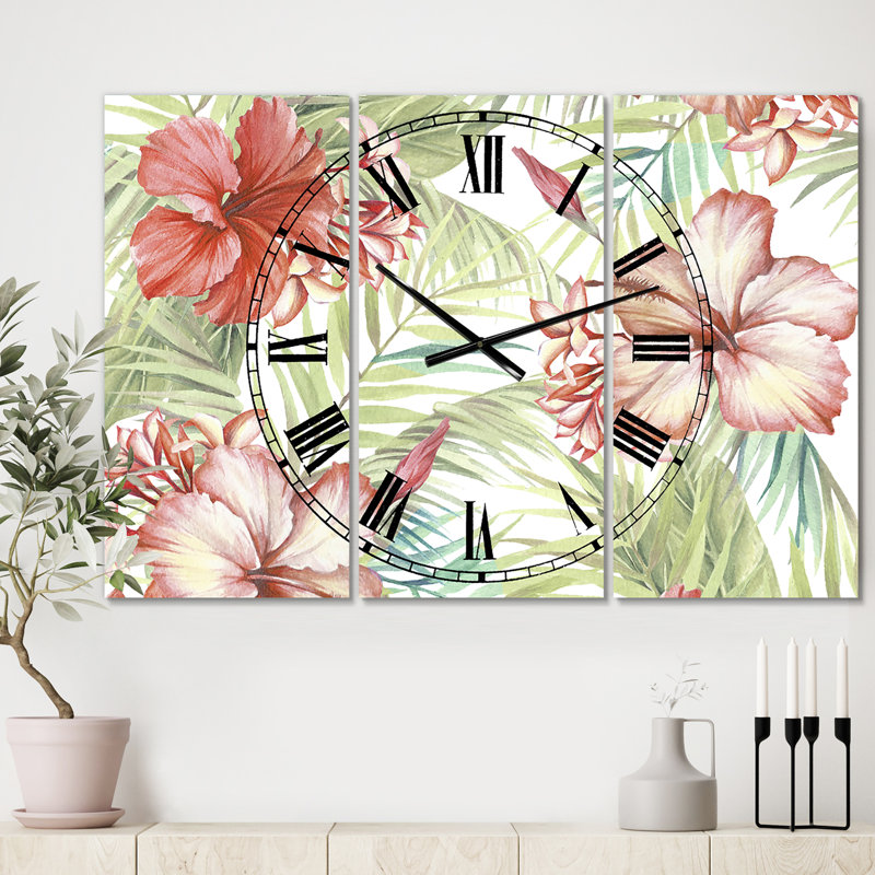 Horloge murale surdimensionnée 3 panneaux Hibiscus Paradise